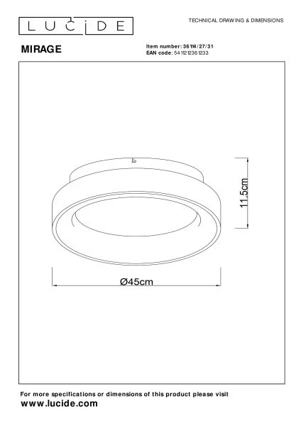 Lucide MIRAGE - Deckenleuchte - Ø 45 cm - LED Dim. - 1x33W 2700K - Weiß - technisch